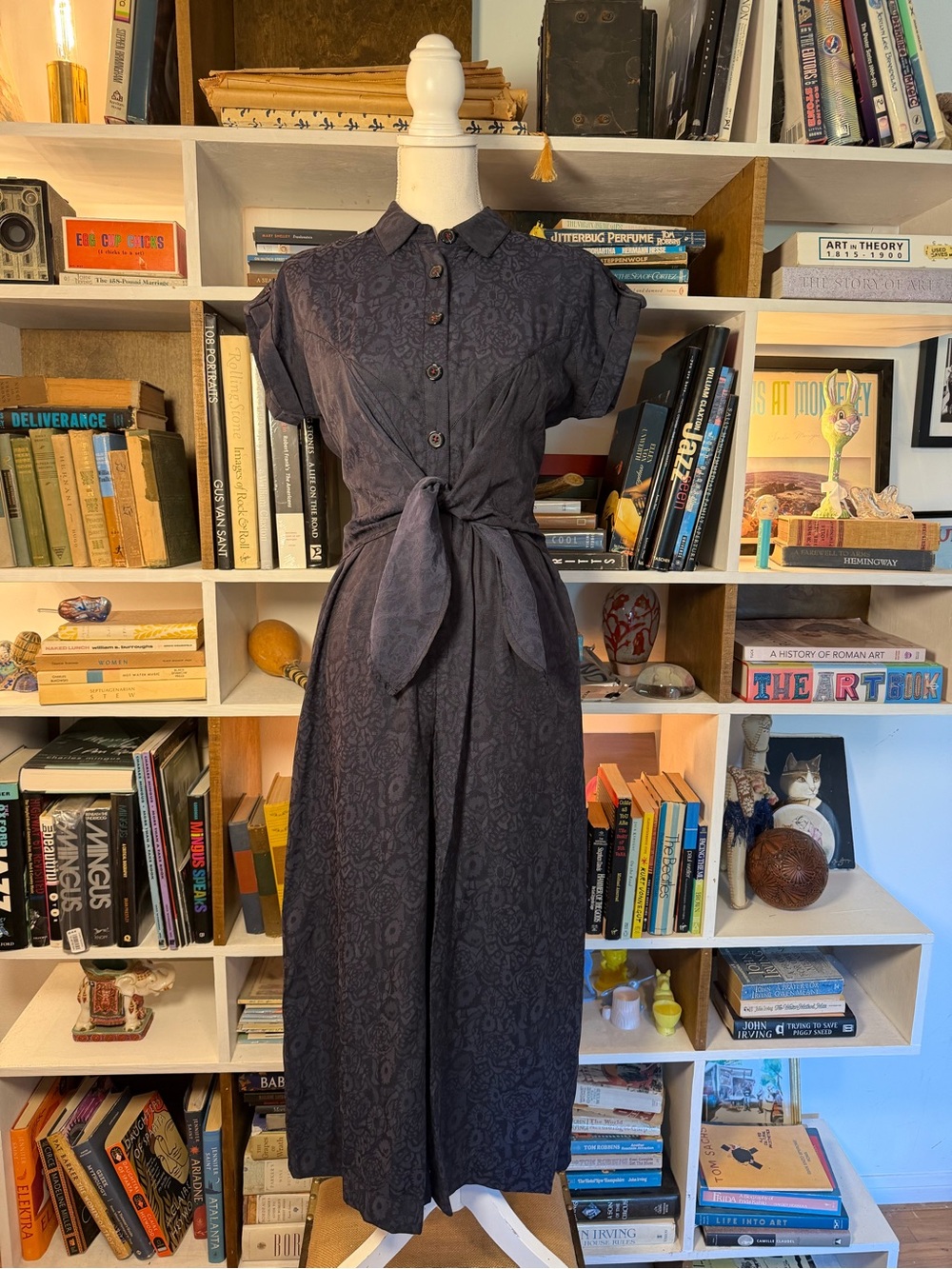 Women's Navy Button-Front Tie-Waist Jumpsuit